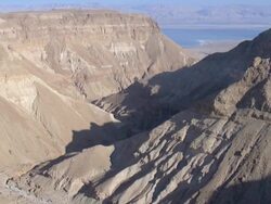 Aerial Wadi Kidron nature reserve at the Dead Sea, Judea Desert, Israel Stock Footage