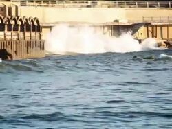 Ruined pier, storm sea waves Stock Footage