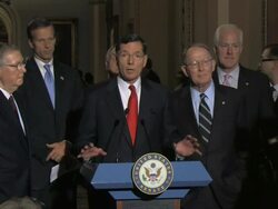  MS Senate Gop Leader speaking about government step for economic growth at stand up press availability in the Ohio Clock Corridor Audio / Washington, DC, United States Stock Footage