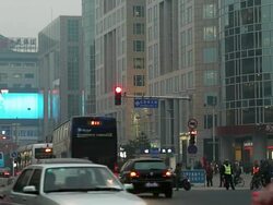 MS Shot of City smog and pollution at dusk Wangfujing shopping street / Beijing, Hebei Province, China Stock Footage