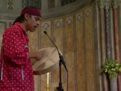 MS ZO Man finishes song with Native American heritage for United Nations interfaith ceremony / New York City, New York, USA Stock Footage