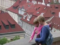Rooftop Family; Mother and Child. Zoom Out Stock Footage