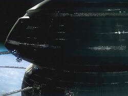 Futuristic space station with spaceship flying by. Sci-fi vfx animation. Stock Footage