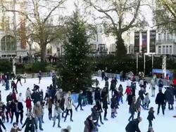 MS Shot of Christmas ice skating at Natural History Museum / London, United Kingdom Stock Footage