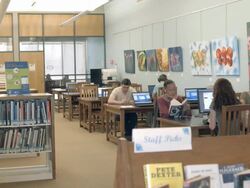 WS TS reading room at public library with computer terminals and elderly man browsing staff picks book recommendations / Rancho Mirage, California, USA Stock Footage