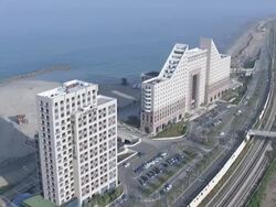 Aerial coastal businesses, Haifa, Israel Stock Footage