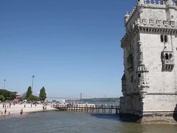 VDO : Belem Tower on the Tagus river in the morning, famous city landmark in Lisbon, Portugal. Stock Footage