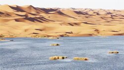 Lake in Tengger Desert/Alashan, Inner Mongolia, China. Stock Footage