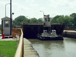 Barge in locke on Hudson River Stock Footage