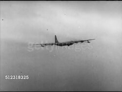 1952: FRENCH MOROCCO: AIR BASES: TU WS Convair B-36 'Peacemaker' strategic bomber flying away in cloudy sky, SOT 'Time Marches On.'     (Note: Black flecks, poor contrast) Instructional Video