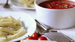 Pasta and sauce with salad and side dishes Stock Footage