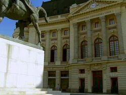 MS TU Statue of romanian king corl i on horseback in front of university foundation building / Bucharest, Romania Stock Footage