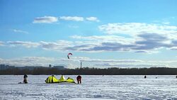 Kite skiing in winter Stock Footage