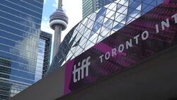 Zoom Out from TIFF Signage at Roy Thompson Hall Stock Footage