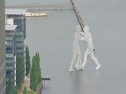 MS AERIAL Shot of Molecule men / Berlin, Germany Stock Footage