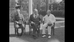 Chiang Kai-Shek, Franklin D. Roosevelt, and Winston Churchill at outdoor Cairo Conference photo session News Clip