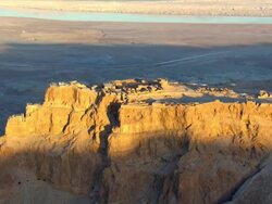 MS AERIAL ZI  Cave on mountain / Masada, Sourn Judea Desert, Israel  Stock Footage