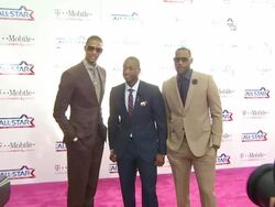 Chris Bosh (L), Dwyane Wade and LeBron James at the T-Mobile Magenta Carpet At The 2011 NBA All-Star Game at Los Angeles CA. (Footage by WireImage Video/GettyImages) Stock Footage