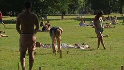 People playing Kubb aka Viking Chess in park News Clip