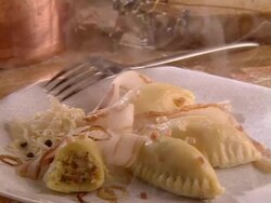 Filled dumplings with streaky bacon and onions Stock Footage