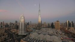 United Arab Emirates, Dubai, the Burj Khalifa, elevated view looking over the Dubai Mall Stock Footage