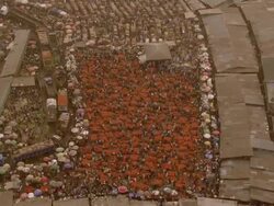 WS AERIAL DS View of Tomatoes market with sheet metal roofs / Lagos, Nigeria Stock Footage