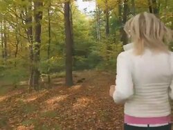 HD STEADY SHOT: Woman Running In Forest Stock Footage