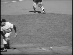 B/W 1956 PROFILE New York Yankee Don Larsen pitching a 'perfect game' in Game 5 of the World Series / NYC / newsreel Stock Footage