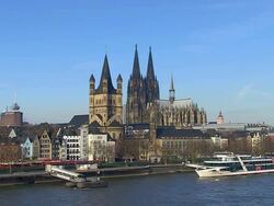 WS View of Frankenwerft, church Gross St. Martin and Dom (Cathedral) / Cologne, North Rhine Westphalia, Germany Stock Footage
