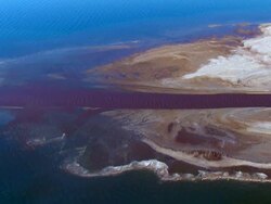 WS AERIAL POV View of saltwater estuary of dead sea / Sourn Judea Desert, Israel  Stock Footage