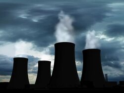 Nuclear Power Station With Steaming Cooling Towers Silhouette Stock Footage