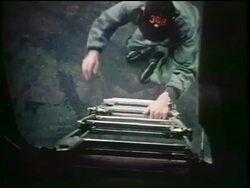 1960s high angle pilot climbing ladder into airplane during emergency / Cold War / documentary Stock Footage