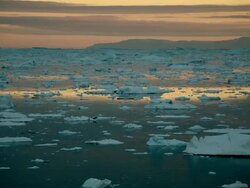 WS T/L View of icebergs moving in water and orange sunset sky with mountain / Ilulissat, Greenland Stock Footage