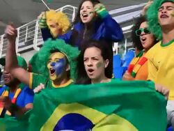 Soccer fans cheering brazil but feeling disappointed because they missed Stock Footage