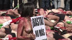 Activists paint bodies with fake blood to protest against bullfights Instructional Video