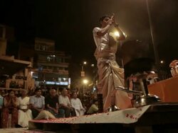 WS Man performing at Aarti Puja ceremony / Varanasi, India Stock Footage