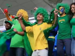 Soccer fans singing the brazil national anthem Stock Footage