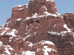 MS ZO View of Fresh Snow on Red Rock Desert, Natural Arch / Moab, Utah, United States Stock Footage