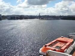 WS Side POV View of City on Cruise ship Queen Mary 2 / Stavanger, Rogaland, Norway Stock Footage