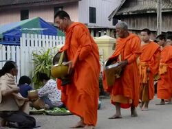 MS Buddhist Monks collecting alms in morning  AUDIO / Luang Prabang, Luang Prabang, Laos Stock Footage