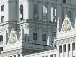 CU TU Detail of Kotelnicheskaya Embankment building (One of Stalin's Seven Sisters) with architectural ornaments / Moscow, Russia Stock Footage