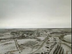 Tilt down to settlement, Churchill, Manitoba, Canada Stock Footage