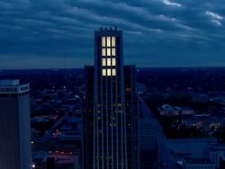 Downtown Omaha night cityscape featuring First National Tower and Woodmen Tower Stock Footage