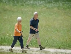 HD: Seniors Nordic Walking In Countryside Stock Footage