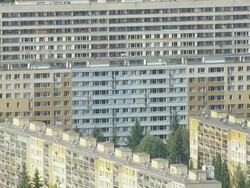 MS AERIAL Shot of windows of building apartments / Prague, Czech Republic Stock Footage