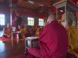 WS PAN TU Monks sitting together in Kopan Monastery / Kathmandu, Central, Nepal Stock Footage