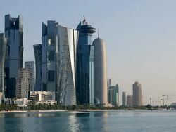 Qatar, Middle East, Arabian Peninsula, Doha, new skyline of the West Bay central financial district of Doha Stock Footage