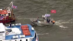 Aerials of Fishing for Leave and Vote Remain EU Referendum Campaign Boats on the River Thames News Clip