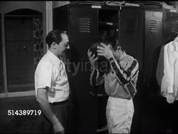 1953: WEIGH IN: MS Custodian of Colors Terry Farley SOT calling to jockeys 'let's go', jockey Ted Atkinson leaving, Hedley Woodhouse (1920-1984) weighing in holding racing tack, MS Clerk of Scales William Murphy, jockey taking # 3 armband. Instructional Video