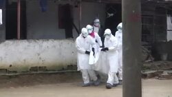 Health workers in protective clothes remove body of Ebola victim from house News Clip